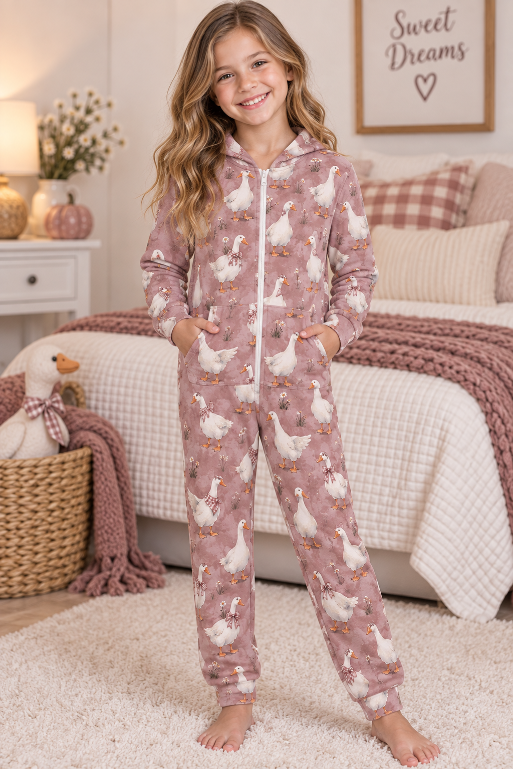 Silly Goose, Mauve 
250gsm Flannel Footless Zip up Kid Jumpsuit Pajamas(All-Over Printing)
