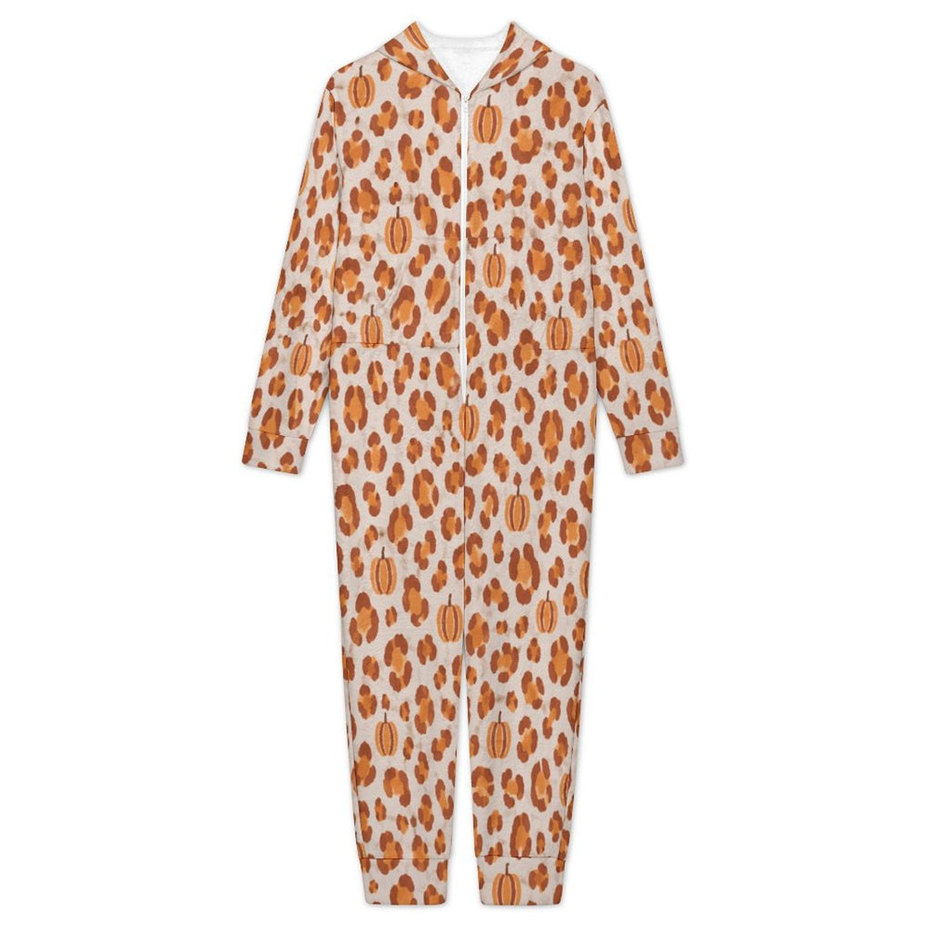 Pumpkin Leopard Print, 250gsm Flannel Footless Zip up Kid Jumpsuit Pajamas(All-Over Printing)