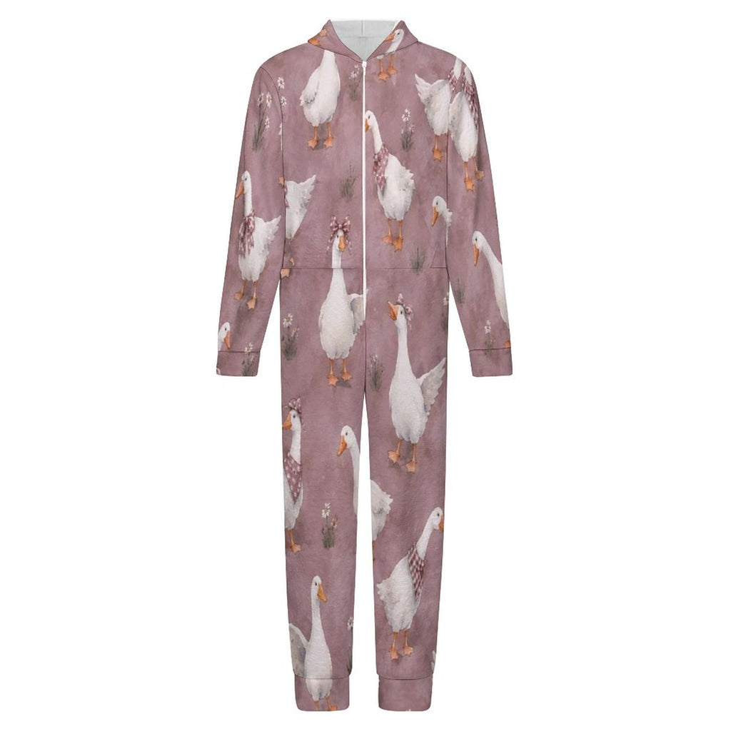 Silly Goose, Mauve 
250gsm Flannel Footless Zip up Kid Jumpsuit Pajamas(All-Over Printing)