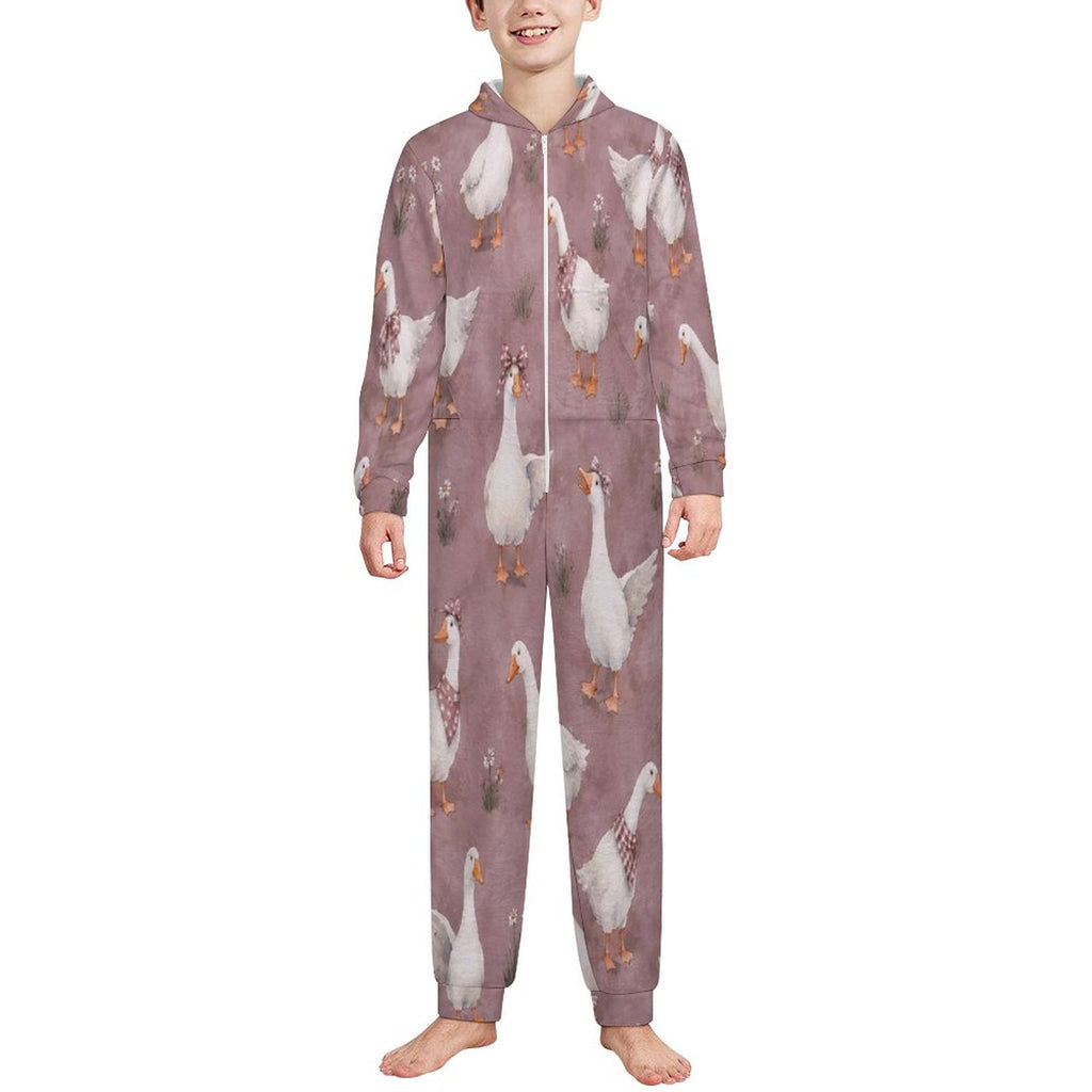 Silly Goose, Mauve 
250gsm Flannel Footless Zip up Kid Jumpsuit Pajamas(All-Over Printing)
