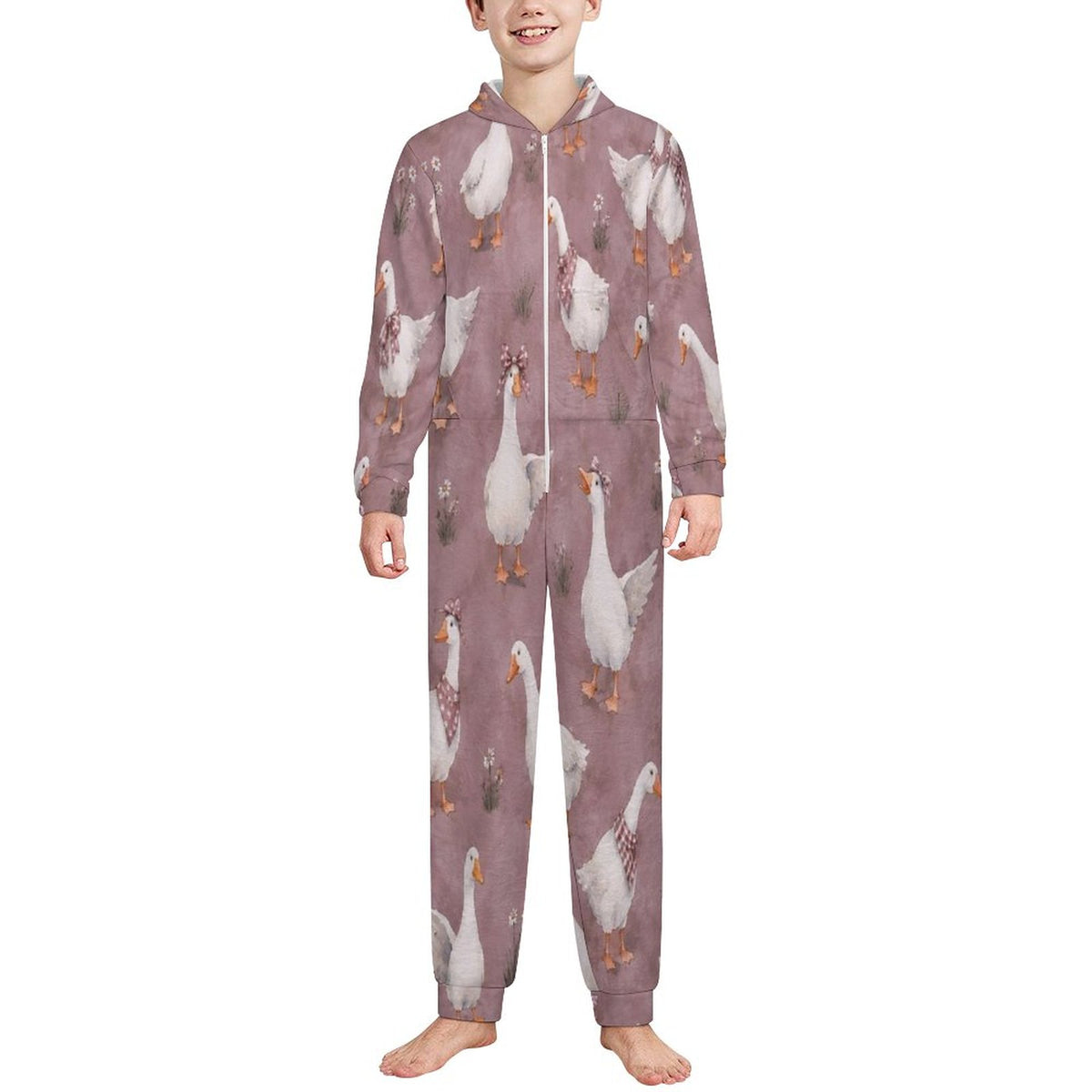Silly Goose, Mauve 
250gsm Flannel Footless Zip up Kid Jumpsuit Pajamas(All-Over Printing)