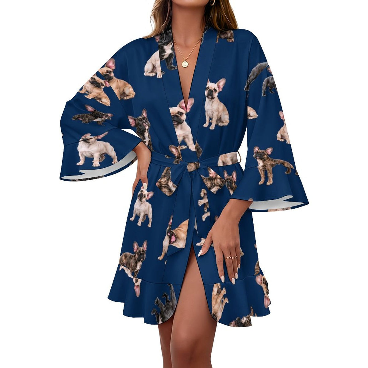 120gsm Women's Ruffle Long Sleeve Robe(All-Over Printing)