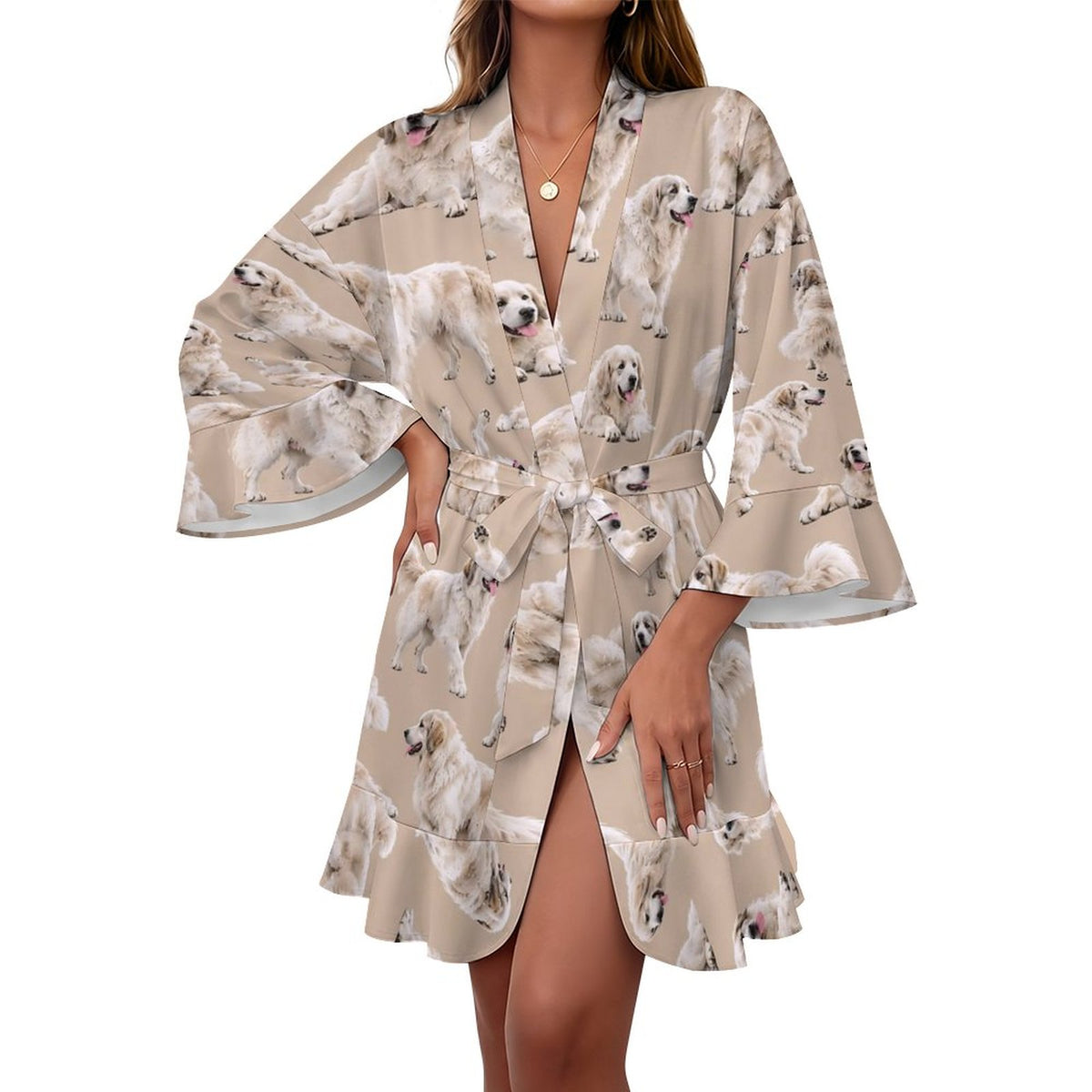 120gsm Women's Ruffle Long Sleeve Robe(All-Over Printing)